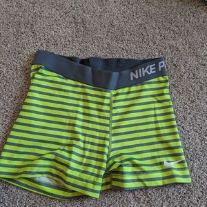 Nike Pro shorts, lime green and grey stripes, women's medium
